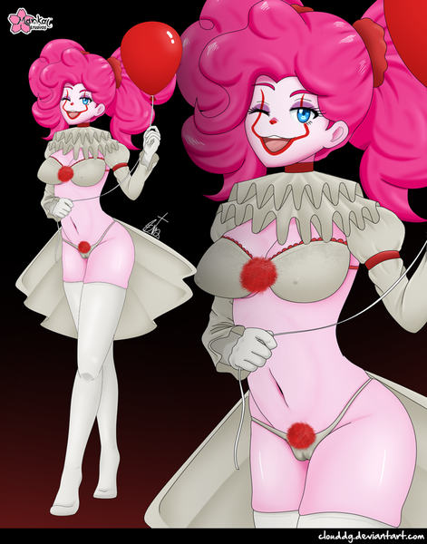 Size: 1093x1391 | Tagged: questionable, alternate version, artist:clouddg, derpibooru import, pinkie pie, equestria girls, balloon, breasts, cameltoe, clothes, clown, cosplay, costume, image, it, makeup, open mouth, pennywise, pinkiewise, png, socks, stocking feet, stockings, thigh highs