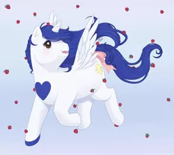 Size: 1920x1710 | Tagged: safe, artist:reachfarhigh, derpibooru import, oc, oc:princess radiant eclipse, oc:radiant eclipse, alicorn, accessories, alicorn oc, blue mane, blushing, brown eyes, commission, eyelashes, flying, futurehooves, g1 style, heart mark, horn, image, jpeg, long mane, long tail, looking up, markings, next gen:futurehooves, next generation, offspring, open mouth, parent:pipsqueak, parent:princess luna, parents:lunapip, raspberry, ribbon, simple background, smiling, tongue out, wings