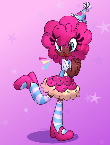 Size: 800x1050 | Tagged: safe, artist:ypuos, derpibooru import, pinkie pie, human, clothes, cute, dark skin, diapinkes, female, hat, high heels, humanized, image, open mouth, party hat, png, shirt, shoes, skirt, socks, solo, stars, striped socks, t-shirt, vest