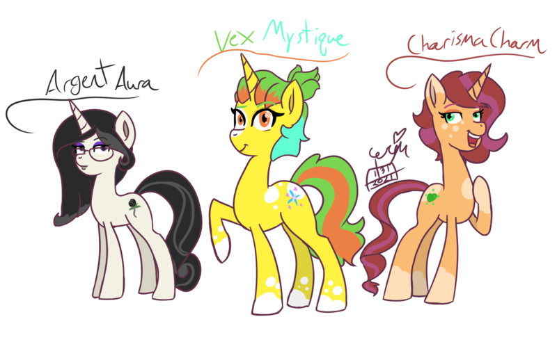 Size: 1900x1200 | Tagged: safe, artist:erenerakhard, derpibooru import, oc, oc:argent aura, oc:charisma charm, oc:vex mystique, unofficial characters only, pony, unicorn, black mane, coat markings, digital art, glasses, green mane, image, png, red mane, socks (coat marking)