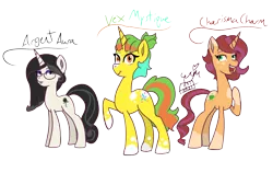 Size: 1900x1200 | Tagged: safe, artist:erenerakhard, derpibooru import, oc, oc:argent aura, oc:charisma charm, oc:vex mystique, unofficial characters only, pony, unicorn, black mane, coat markings, digital art, glasses, green mane, image, png, red mane, socks (coat marking)