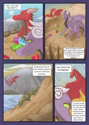 Size: 1280x1791 | Tagged: safe, artist:mustachedbain, derpibooru import, dragon, comic:my dragon children, comic, dragoness, female, flying, gem, image, jpeg, mountain, spanish, translation