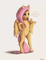 Size: 2000x2584 | Tagged: safe, artist:miokomata, derpibooru import, fluttershy, pegasus, pony, semi-anthro, belly button, bipedal, chest fluff, colored hooves, cute, female, freckles, freckleshy, hoof on hip, image, mare, no u, open mouth, png, raised hoof, shyabetes, simple background, solo, speech bubble, white background