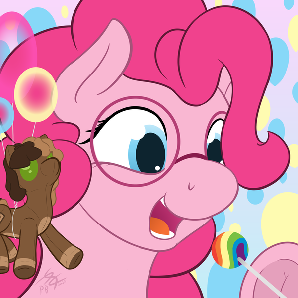 Size: 1280x1280 | Tagged: safe, artist:parallel black, derpibooru import, pinkie pie, oc, oc:parallel black, earth pony, avatar, balloon, candy, digital art, food, glasses, image, implied rainbow dash, lollipop, plushie, plushification, png, underhoof