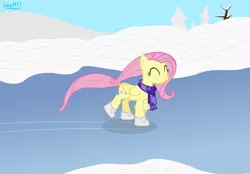 Size: 4478x3118 | Tagged: safe, artist:ironm17, derpibooru import, fluttershy, pegasus, pony, clothes, eyes closed, female, ice, ice skates, ice skating, image, mare, png, scarf, snow, solo, winter