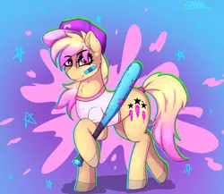 Size: 2322x2013 | Tagged: safe, artist:aaa-its-spook, derpibooru import, oc, oc:cam, earth pony, pony, accessories, baseball bat, clothes, female, image, mare, png, shirt