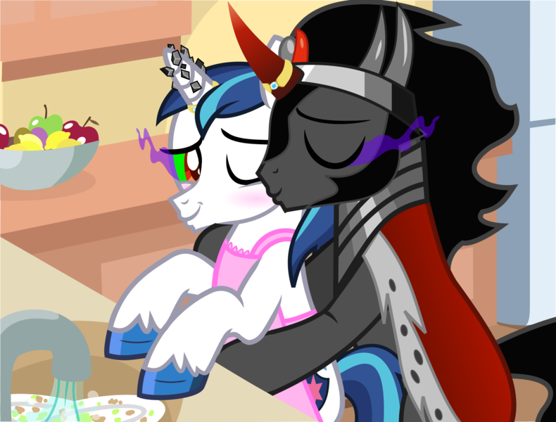 Size: 1952x1483 | Tagged: safe, alternate version, anonymous artist, derpibooru import, king sombra, shining armor, pony, unicorn, .svg available, apron, base used, blushing, bowl, cleaning, cloak, clothes, crossdressing, derpibooru exclusive, dishes, eyes closed, fruit, gay, hoof polish, horn, horn crystals, horn ring, housewife, image, infidelity, jewelry, kiss on the cheek, kissing, kitchen, magic suppression, male, mind control, naked apron, png, refrigerator, ring, shiningsombra, shipping, sombra eyes, stallion, unshorn fetlocks, vector, victorious villain, wedding ring