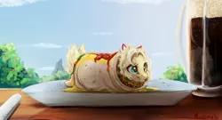 Size: 3500x1884 | Tagged: safe, artist:miokomata, derpibooru import, oc, oc:clay, unofficial characters only, earth pony, pony, blushing, burrito, cute, female, food, image, jpeg, mare, ocbetes, ponies in food, solo, tiny, tiny ponies