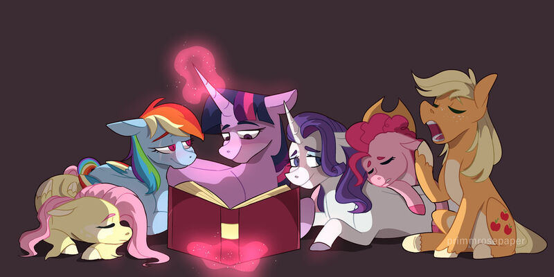 Size: 1280x640 | Tagged: safe, artist:primrosepaper, derpibooru import, applejack, fluttershy, pinkie pie, rainbow dash, rarity, twilight sparkle, earth pony, pegasus, pony, unicorn, accessory swap, appledash, applejack's hat, applepie, appleshy, book, cowboy hat, female, flarity, flutterdash, flutterpie, glowing horn, hat, horn, image, jpeg, lesbian, mane six, omniship, pinkiedash, polyamory, raridash, rarijack, rarilight, raripie, shipping, sleeping, story included, twidash, twijack, twinkie, twishy, yawn