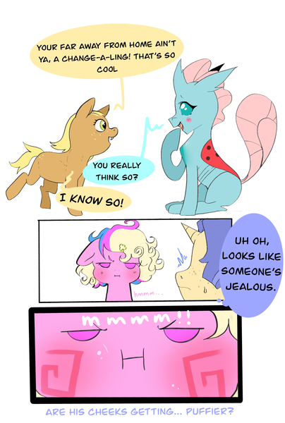 Size: 1482x2199 | Tagged: safe, artist:aztrial, derpibooru import, ocellus, oc, oc:bitterroot rose, oc:primp, oc:prink, changedling, changeling, earth pony, unicorn, blushing, comic, image, jealous, magical lesbian spawn, offspring, older, older ocellus, parent:applejack, parent:princess cadance, parent:rarity, parent:shining armor, parents:rarijack, parents:shiningcadance, png, puffy cheeks