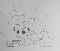 Size: 1367x1152 | Tagged: safe, artist:tjpones, derpibooru import, lyra heartstrings, pony, unicorn, cute, female, grayscale, image, isotope, jpeg, l.u.l.s., looking at something, lying down, lyrabetes, mare, monochrome, periodic table, prone, sketch, solo, strontium, this will end in radiation poisoning, traditional art