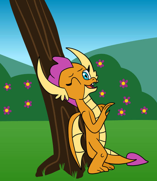 Size: 1280x1482 | Tagged: safe, artist:platinumdrop, derpibooru import, smolder, dragon, image, jpeg, request, scratching, tree