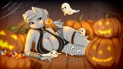 Size: 2560x1440 | Tagged: suggestive, artist:jerraldina, derpibooru import, anthro, ghost, undead, absolute cleavage, big breasts, boob smothering, breasts, candy, cleavage, clothes, commission, costume, food, halloween, halloween costume, holiday, image, jpeg, night, pumpkin, smothering, solo, sweets, your character here