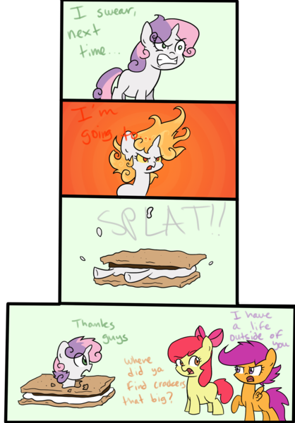 Size: 1800x2585 | Tagged: safe, artist:annehairball, derpibooru import, apple bloom, scootaloo, sweetie belle, rapidash, comic, cutie mark crusaders, flattened, food, image, mane of fire, marshmallow, png, pokémon, rage, s'mores, sweetie belle is a marshmallow too