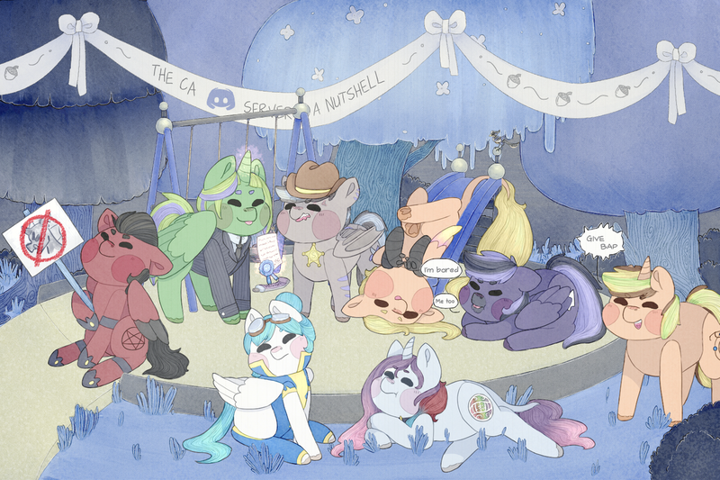 Size: 1200x800 | Tagged: safe, artist:bubblegum, derpibooru import, oc, oc:chiller sway, oc:comp, oc:crystal sneer, oc:demonic hooves, oc:denali lunamoon, oc:lt buster, oc:princess corona lionheart iv, oc:sion the rapadant, unofficial characters only, bat pony, pegasus, pony, unicorn, banner, blue grass, blue ribbon, canterlot avenue, clothes, cowboy hat, female, grass, hat, image, lawyer, letter, male, mare, path, playground, png, ribbon, sheriff, sheriff badge, slide, stallion, swing, swings, swingset, track outfit, tree, uniform, unshorn fetlocks, upside down, wonderbolts uniform