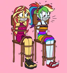Size: 1641x1772 | Tagged: safe, artist:bugssonicx, derpibooru import, rainbow dash, sunset shimmer, equestria girls, arm behind back, bondage, bound and gagged, breast bondage, breasts, chair, clothes, dashsub, dress, duo, duo female, feet, feet tied, female, femsub, gag, image, kidnapped, legs, legs tied, moaning, muffled moaning, open-toed shoes, party dress, png, rope, rope bondage, sandals, scared, struggling, submissive, subset, tape, tape gag, tied to chair, tied up, toes