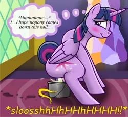 Size: 1500x1371 | Tagged: suggestive, artist:mrchaosthecunningwlf, artist:ponyvillechaos577, derpibooru import, twilight sparkle, twilight sparkle (alicorn), alicorn, pony, bathroom denial, blushing, bucket, butt, castle, close-up, comic, comic strip, cropped, dialogue, female, fetish, flank, hallway, hindquarters, image, indoors, mare, nudity, pee in container, pee on legs, peegasm, pissing, plot, png, potty time, raised tail, relief, relieved, solo, solo female, squat, squatting, tail, tail lift, thought bubble, twilight's castle, urine, watersports