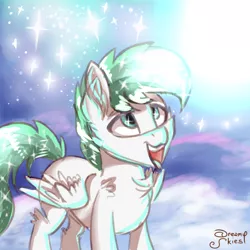 Size: 1024x1024 | Tagged: safe, derpibooru import, oc, oc:dreamer skies, pegasus, pony, cloud, dream, dreamy, goofy, happy, image, on a cloud, open mouth, pegasus oc, png, quick draw, sketch, sky, standing on a cloud, stars, tongue out, wings