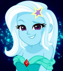 Size: 661x744 | Tagged: safe, artist:rosemile mulberry, derpibooru import, trixie, equestria girls, breasts, broach, busty trixie, clothes, detailed eyes, dress, female, hairpin, image, looking at you, png, raised eyebrow, smiling, smiling at you, solo, starry eyes, stars, wingding eyes