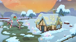 Size: 1280x720 | Tagged: safe, derpibooru import, screencap, hearthbreakers, background, candy, candy cane, food, hearth's warming, hearth's warming decorations, holder's boulder, image, no pony, png, rock farm, scenic ponyville, snow, winter