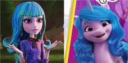 Size: 1274x634 | Tagged: safe, derpibooru import, screencap, izzy moonbow, human, pony, unicorn, comparison, female, g5, image, jpeg, monster, monster high, solo, spoilers for another series, twyla, twyla boogeyman