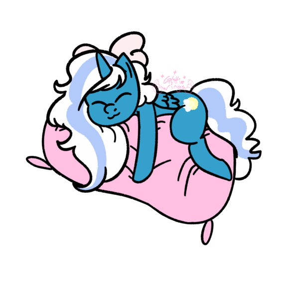 Size: 1000x1000 | Tagged: safe, artist:glittiewings, derpibooru import, oc, oc:fleurbelle, alicorn, pony, alicorn oc, bow, female, hair bow, horn, hug, image, mare, pillow, pillow hug, png, simple background, sleeping, transparent background, wings