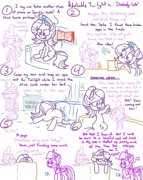 Size: 4779x6013 | Tagged: safe, artist:adorkabletwilightandfriends, derpibooru import, spike, starlight glimmer, twilight sparkle, twilight sparkle (alicorn), alicorn, dragon, pony, unicorn, comic:adorkable twilight and friends, adorkable, adorkable twilight, allergies, ass up, bag, banana, bed, bedroom, book, butt, comic, couch, cute, dimples, dimples of venus, dork, egg, eggshell, fail, food, friendship, glimmer glutes, glowing horn, horn, humor, image, lying down, magic, nostril flare, nostrils, plot, png, prank, prank fail, scheming, sitting, slice of life, sniffing, sniffling, stink bomb, tail, telekinesis