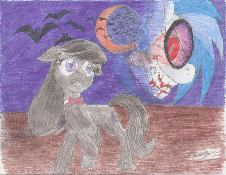 Size: 1096x850 | Tagged: safe, artist:semijuggalo, derpibooru import, octavia melody, vinyl scratch, bat, blood, image, moon, my roommate is a vampire, night, png, red eyes, traditional art