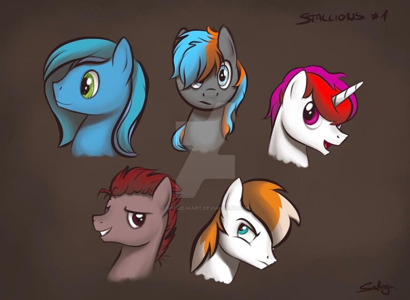 Size: 1280x937 | Tagged: safe, artist:safizejaart, derpibooru import, oc, oc:chaser, oc:fuchze, oc:thinker blue, oc:zacharius, unofficial characters only, deviantart watermark, image, jpeg, obtrusive watermark, simple background, watermark