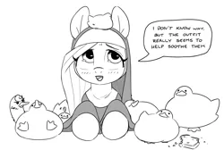 Size: 3152x2117 | Tagged: safe, artist:bunchedupletters, derpibooru import, fluttershy, bird, duck, pony, anus, blushing, bread, cute, daaaaaaaaaaaw, dialogue, female, flutternun, food, full face view, high res, image, looking up, mare, monochrome, nudity, nun, open mouth, png, shyabetes, simplistic anus, sitting on head, speech bubble