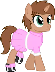 Size: 1886x2457 | Tagged: safe, artist:peternators, derpibooru import, oc, oc:heroic armour, unofficial characters only, pony, unicorn, clothes, colt, crossdressing, cute, dress, fake eyelashes, femboy, girly, happy, image, male, png, shoes, simple background, smiling, socks, solo, teenager, transparent background, trap