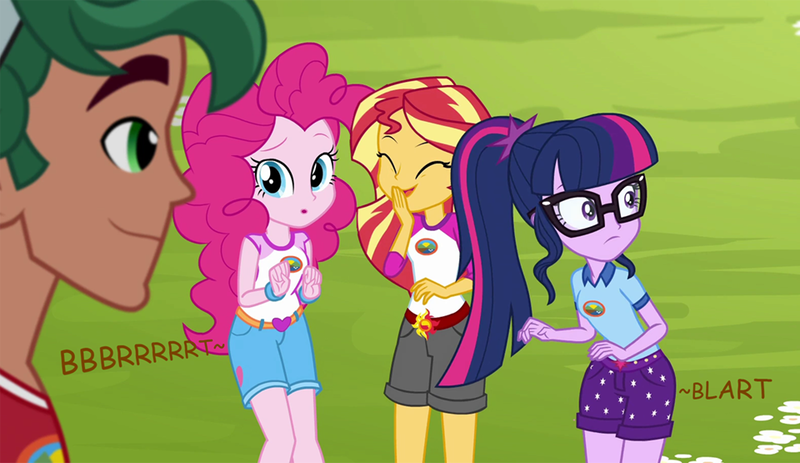 Size: 960x555 | Tagged: suggestive, artist:thedarkpony, derpibooru import, edit, edited screencap, screencap, pinkie pie, sci-twi, sunset shimmer, timber spruce, twilight sparkle, equestria girls, legend of everfree, accident, camp everfree outfits, clothes, denim shorts, fart, female, fetish, image, implied messing, implied pooping, implied scat, onomatopoeia, panties, pantypoop, png, poop, scat, shorts, underwear