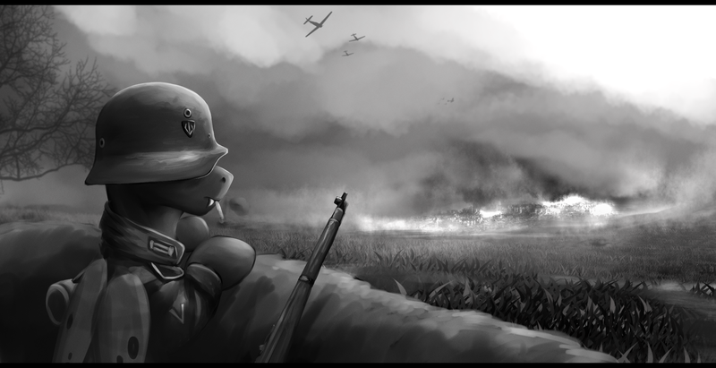 Size: 2100x1080 | Tagged: safe, artist:richmay, derpibooru import, oc, unofficial characters only, changeling, equestria at war mod, cigarette, clothes, german, grayscale, helmet, image, military, military uniform, monochrome, png, smoking, soldier, solo, uniform, war, weapon, wings, world war ii