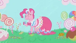 Size: 1280x720 | Tagged: safe, derpibooru import, screencap, pinkie pie, earth pony, pony, suited for success, candy, clothes, cute, diapinkes, dress, eating, female, food, gala dress, image, lollipop, mare, png, puffy cheeks