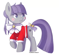 Size: 1144x1055 | Tagged: safe, artist:pulsefirepony, derpibooru import, maud pie, earth pony, pony, alternate hairstyle, blushing, bow, christmas, clothes, cute, female, heart eyes, holiday, image, mare, maudabetes, png, simple background, sleigh bells, solo, tail bow, white background, wingding eyes