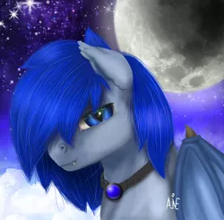 Size: 960x941 | Tagged: safe, artist:aline, derpibooru import, oc, oc:stelkhavolk, unofficial characters only, bat pony, pony, cute, fangs, image, jewelry, lidded eyes, looking at you, male, moon, necklace, png, space, stallion, stars