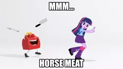 Size: 1920x1080 | Tagged: safe, derpibooru import, edit, twilight sparkle, equestria girls, abomination, clothes, female, food, fork, happy (mcdonald's), happy (mcdonalds), happy meal, horse meat, image, impact font, mcdonald's, meat, meat cleaver, meme, photoshop, png, smiling, this will end in death, wtf