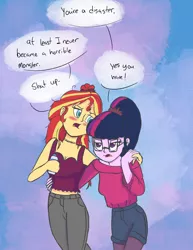 Size: 1024x1326 | Tagged: safe, artist:pettypop, derpibooru import, sci-twi, sunset shimmer, twilight sparkle, equestria girls, blushing, clothes, drunk, drunk twilight, drunker shimmer, female, glasses, image, jeans, jpeg, lesbian, pants, scitwishimmer, shipping, sunsetsparkle, sweater