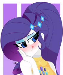 Size: 870x1024 | Tagged: safe, artist:xan-gelx, derpibooru import, edit, editor:thomasfan45, rarity, human, equestria girls, abstract background, bare shoulders, blushing, blushing profusely, clothes, cute, digital art, eyeshadow, female, image, jpeg, licking, licking lips, lidded eyes, makeup, music festival outfit, ponytail, raribetes, sexy, signature, solo, tongue out