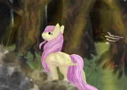 Size: 2520x1795 | Tagged: safe, artist:grimsouth135, derpibooru import, fluttershy, pegasus, pony, facing away, female, forest, image, jpeg, mare, solo, tree