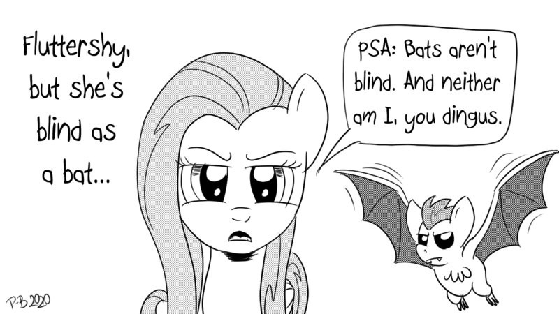 Size: 1200x675 | Tagged: safe, artist:pony-berserker, derpibooru import, fluttershy, bat, pony, fluttershy is not amused, image, looking at you, monochrome, png, pony-berserker's twitter sketches, public service announcement, stippling, unamused