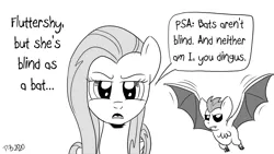 Size: 1200x675 | Tagged: safe, artist:pony-berserker, derpibooru import, fluttershy, bat, pony, fluttershy is not amused, image, looking at you, monochrome, png, pony-berserker's twitter sketches, public service announcement, stippling, unamused