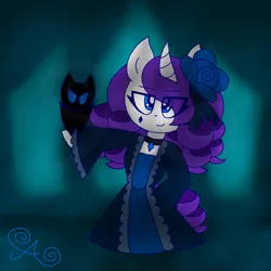 Size: 2000x2000 | Tagged: safe, artist:alannaartroid, derpibooru import, rarity, bat, pony, unicorn, alternate hairstyle, alternate universe, beauty mark, choker, clothes, curved horn, dress, eyeliner, female, flower, flower in hair, goth, horn, image, makeup, mare, mascara, png, skirt, solo