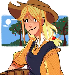 Size: 2688x2894 | Tagged: safe, artist:syrupyyy, derpibooru import, applejack, human, apple, applejack's hat, apple tree, clothes, cowboy hat, female, food, hat, humanized, image, overalls, png, solo, straw in mouth, sweet apple acres, tree, unmoving plaid