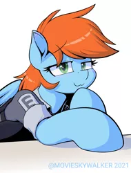 Size: 1641x2160 | Tagged: safe, artist:movieskywalker, derpibooru import, oc, oc:morning star, unofficial characters only, pegasus, pony, fallout equestria, :3, bedroom eyes, blushing, clothes, derpibooru exclusive, ear blush, enclave, enclave uniform, female, grand pegasus enclave, image, looking at you, mare, png, simple background, smiling, smiling at you, solo, starry eyes, tactical vest, uniform, white background, wingding eyes