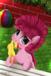 Size: 3000x4500 | Tagged: safe, artist:darksly, derpibooru import, boneless, pinkie pie, earth pony, pony, cute, daaaaaaaaaaaw, diapinkes, female, filly, filly pinkie pie, high res, image, jpeg, looking at you, mouth hold, rubber chicken, solo, younger