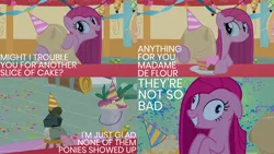 Size: 1986x1117 | Tagged: safe, derpibooru import, edit, edited screencap, editor:quoterific, screencap, madame le flour, mr. turnip, pinkie pie, rocky, sir lintsalot, earth pony, pony, party of one, cake, flour, food, hat, image, open mouth, party hat, pinkamena diane pie, png, rock, turnip