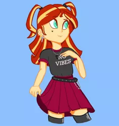Size: 1024x1084 | Tagged: safe, artist:pettypop, derpibooru import, sunset shimmer, equestria girls, belt, boots, clothes, ear piercing, earring, guitar pick, image, jewelry, jpeg, lip piercing, necklace, piercing, pigtails, shirt, shoes, skirt, solo, t-shirt, tattoo, thigh boots