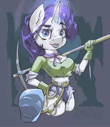 Size: 3048x3500 | Tagged: safe, artist:paskylizart, derpibooru import, rarity, anthro, unicorn, belly button, breasts, cleavage, clothes, gloves, glowing horn, helmet, horn, image, jeans, jpeg, lipstick, pants, pickaxe, rope