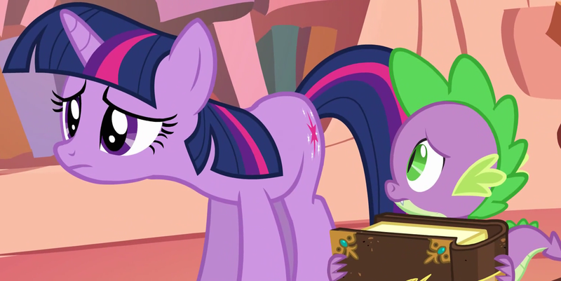 Size: 2418x1211 | Tagged: safe, derpibooru import, screencap, spike, twilight sparkle, pony, unicorn, the return of harmony, book, cropped, duo, female, golden oaks library, image, library, mare, png, sad, unicorn twilight